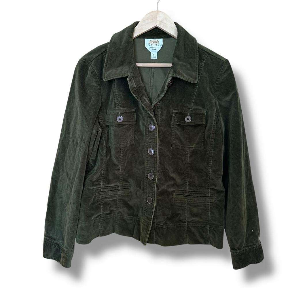 Talbots Vintage Olive Green Velvet Button Front Jacket Blazer Sz 16